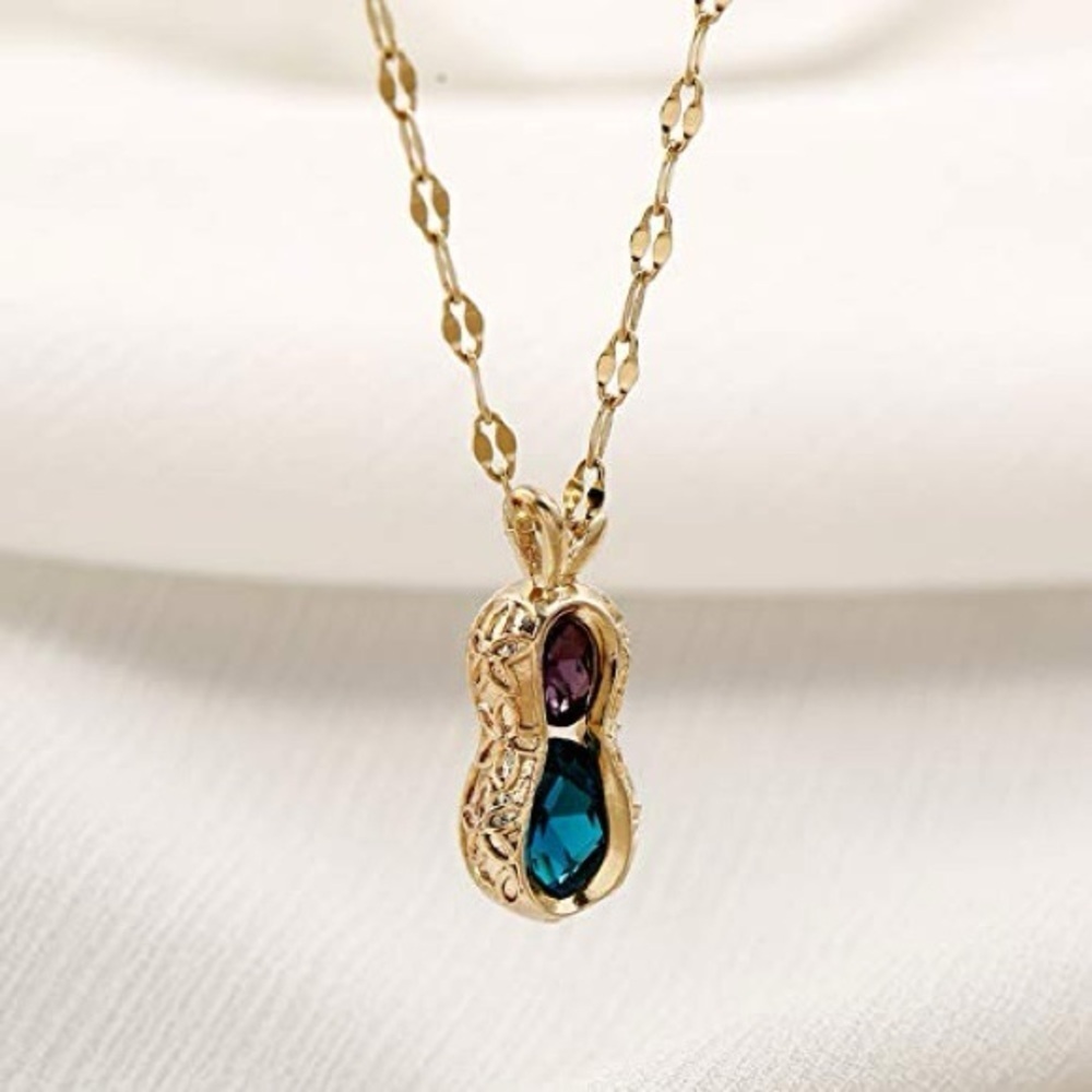 18K Gold Peanut CC Blue & Purple Tanzanite Gemstones Statement Necklace No Fade
